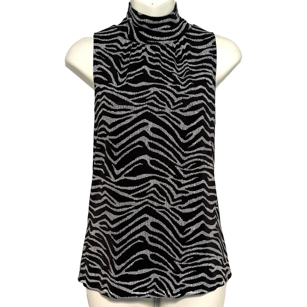 Vintage Stephen and Casey Mock Neck Blouse Sz L Animal Print Sleeveless USA Y2K